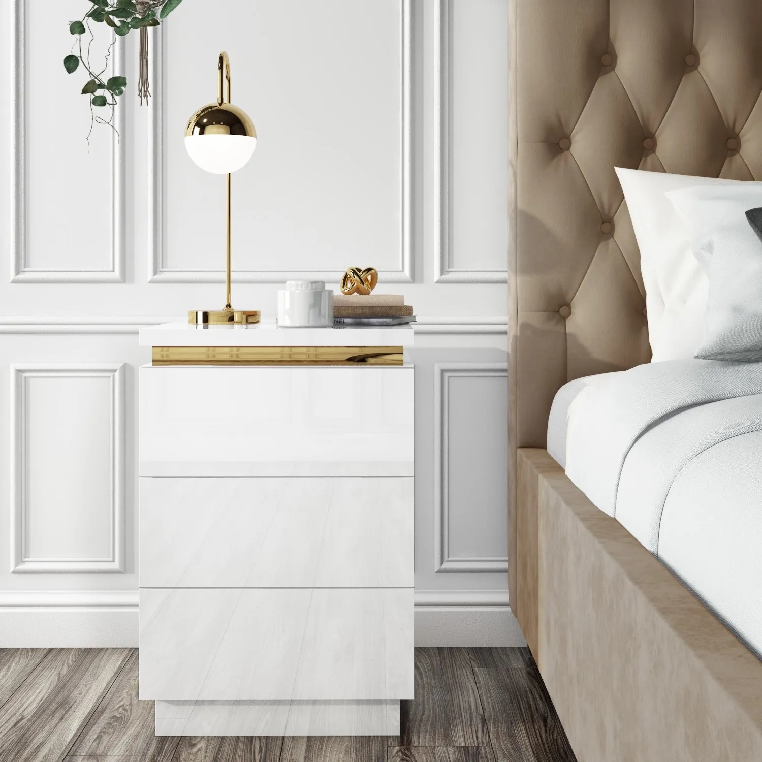 white-high-gloss-3-drawer-bedside-table-with-metallic-trim-isabella image