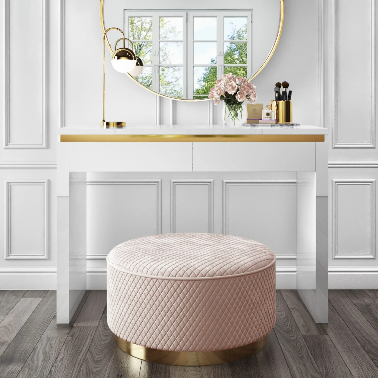 white-high-gloss-dressing-table-with-2-drawers-and-metallic-trim-isabella image