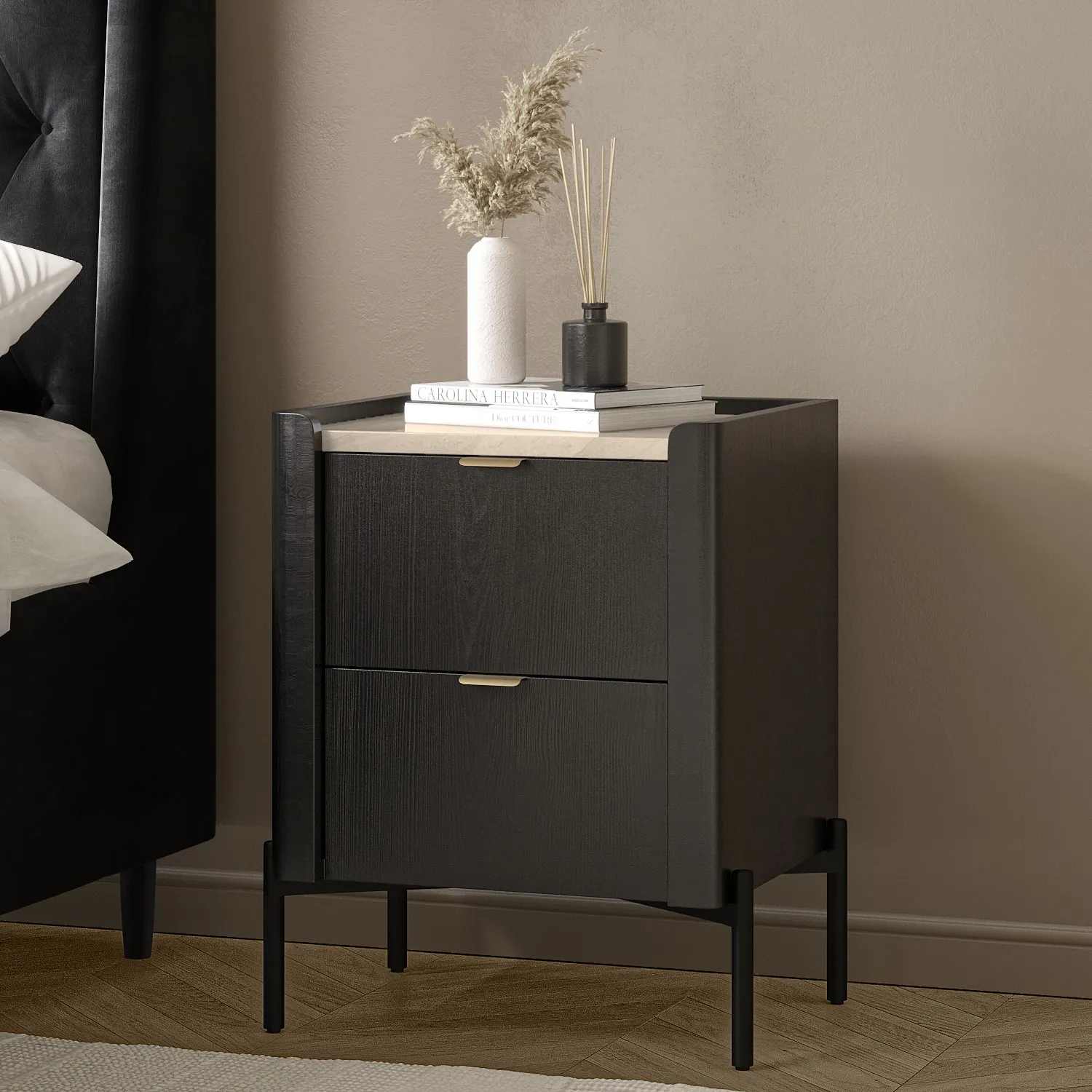 wide-black-marble-top-2-drawer-bedside-table-gio image