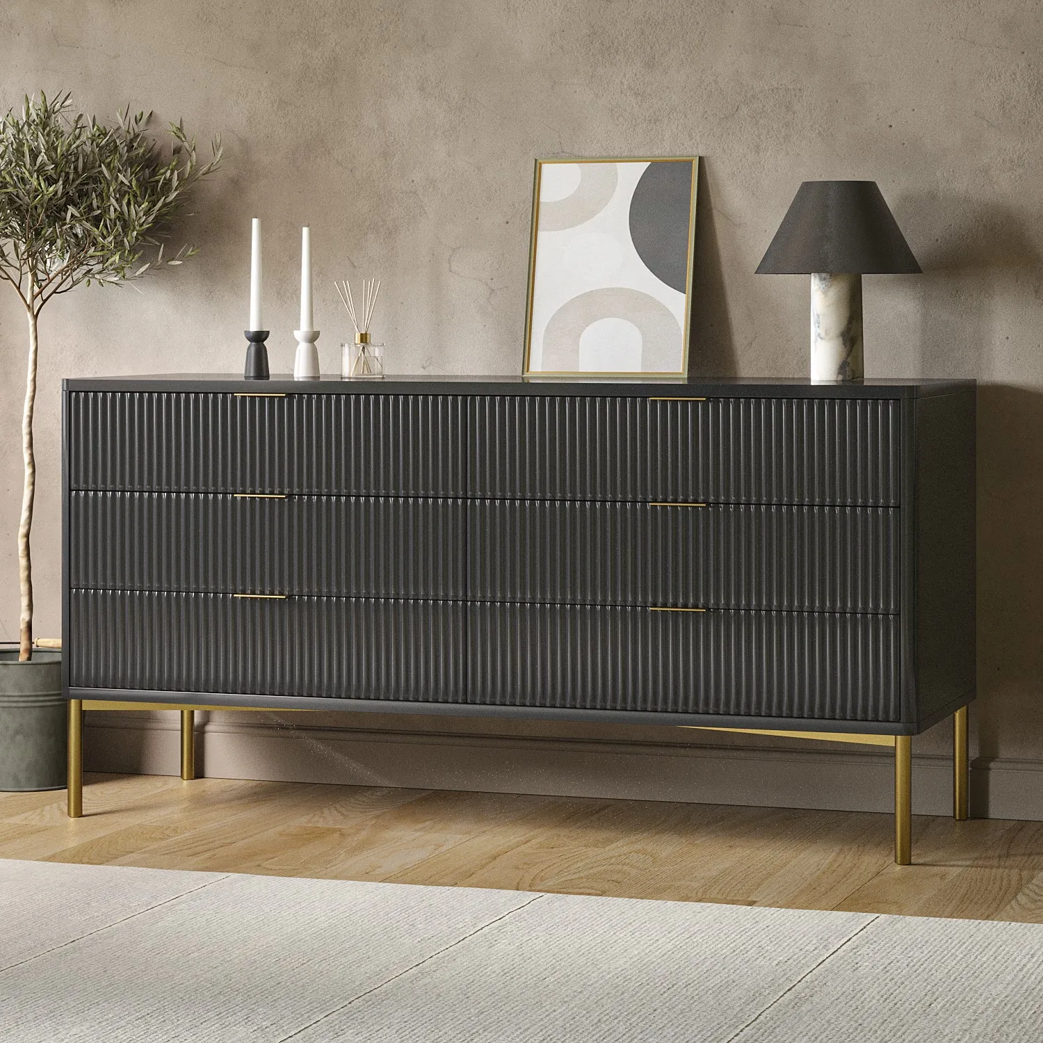 wide-dark-grey-high-gloss-chest-6-drawers-with-legs-valencia image