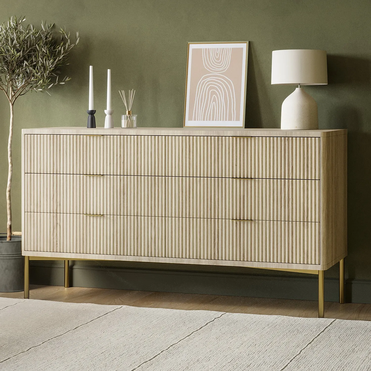 wide-oak-and-gold-ribbed-chest-of-6-drawers-with-legs-valencia image