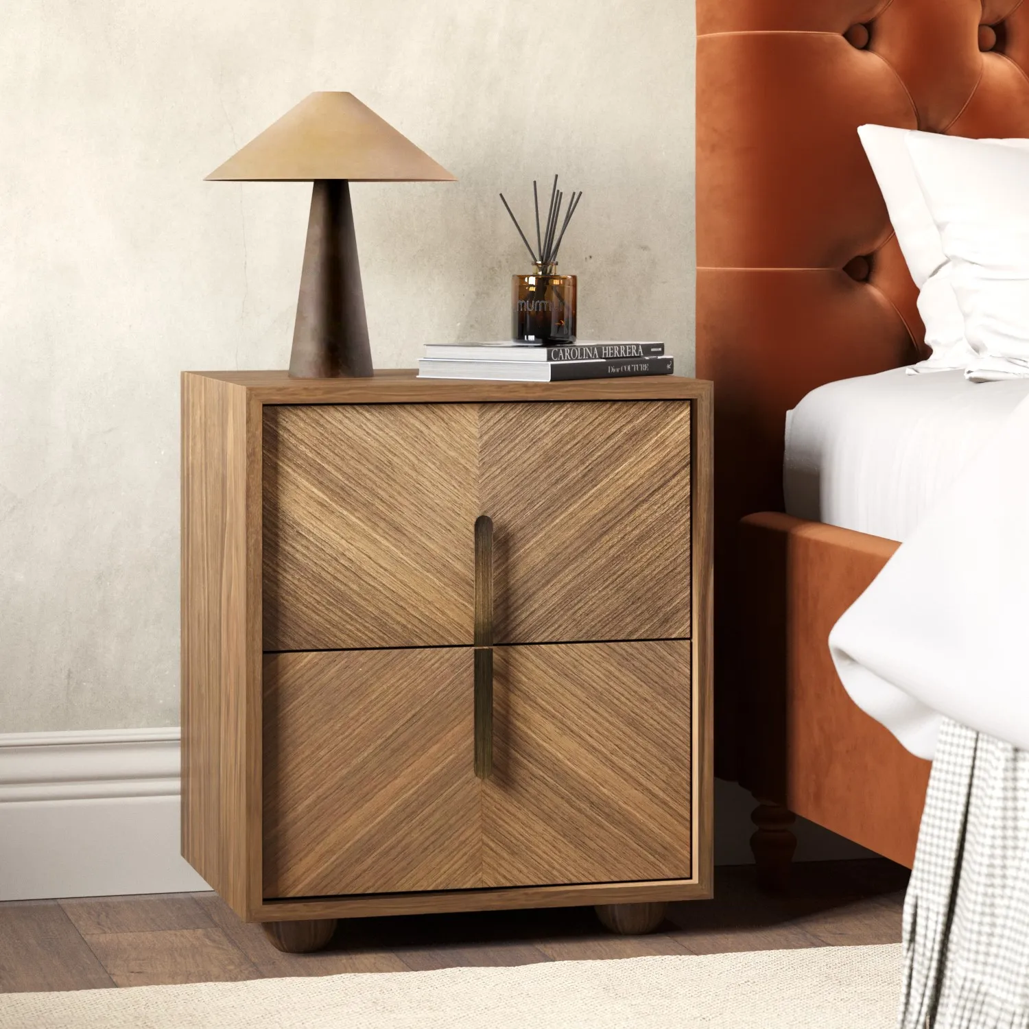 wide-walnut-mid-century-2-drawer-bedside-table-with-parquet-finish-nikita image