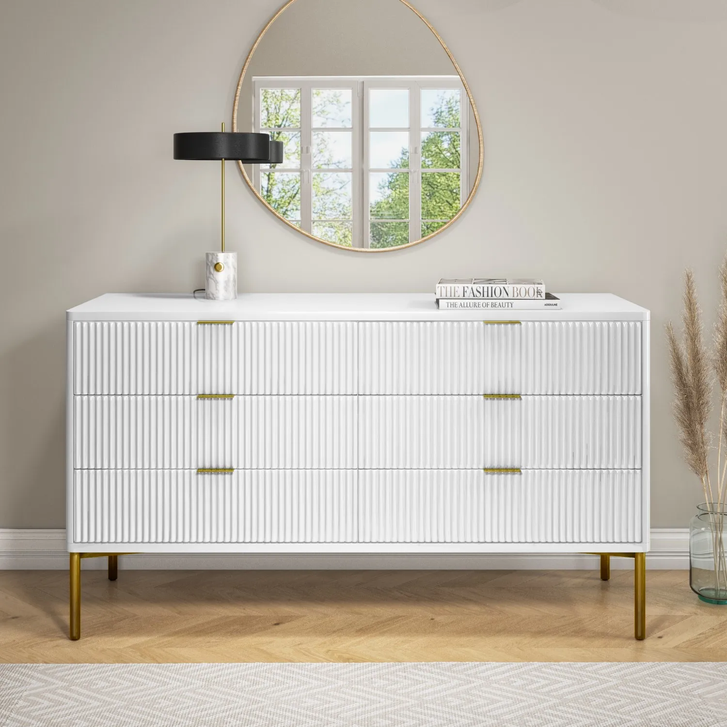 wide-white-high-gloss-chest-of-6-drawers-with-legs-valencia image