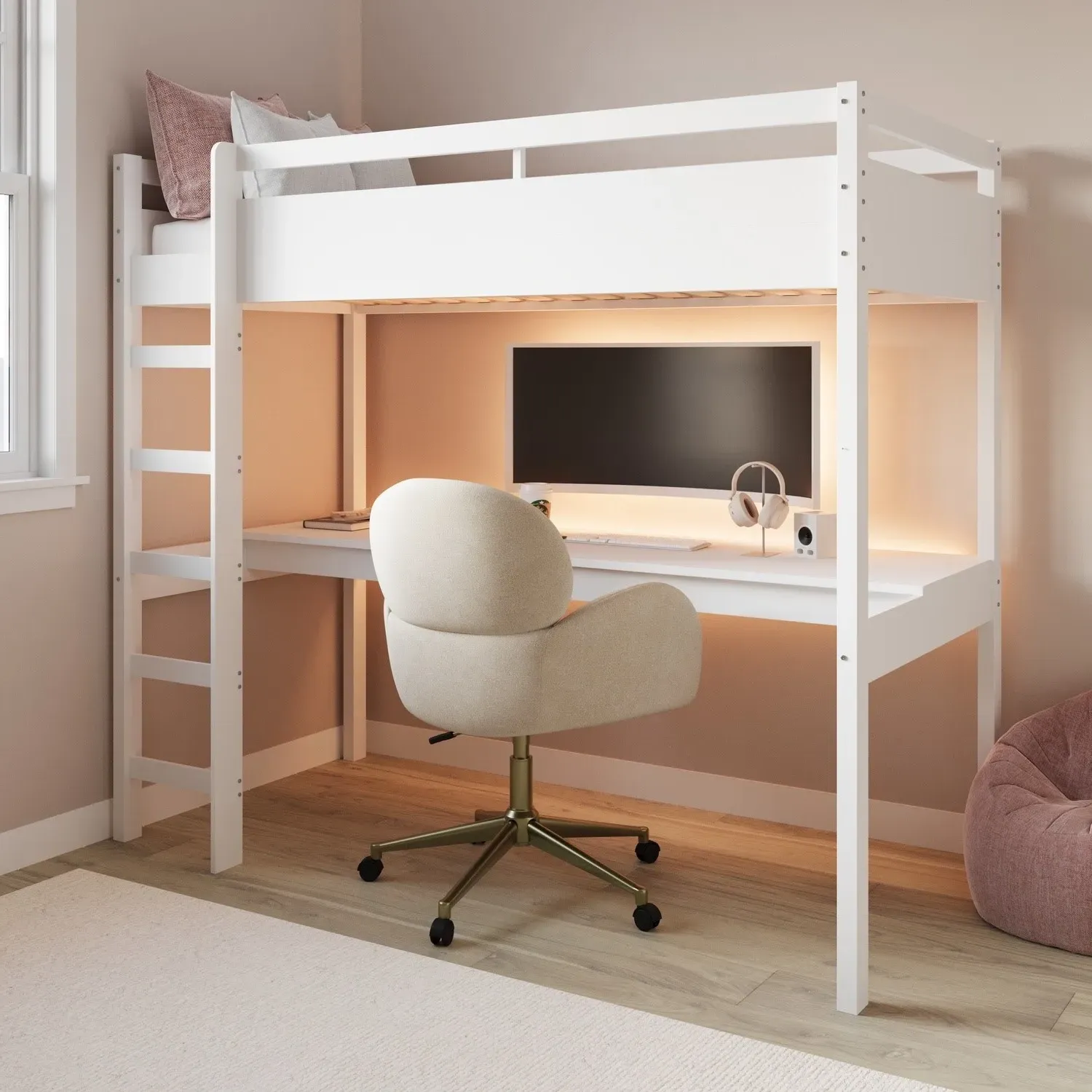 High Sleeper Loft Bed with Desk - White, Solid Pine product