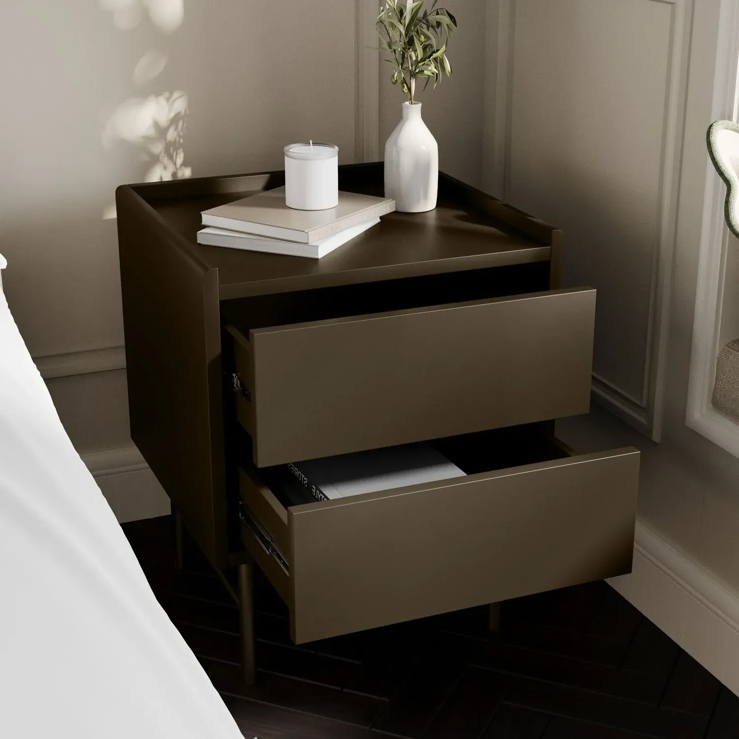Zane 2 Drawer Bedside Table with Storage - Khaki Green, MDF alternate view