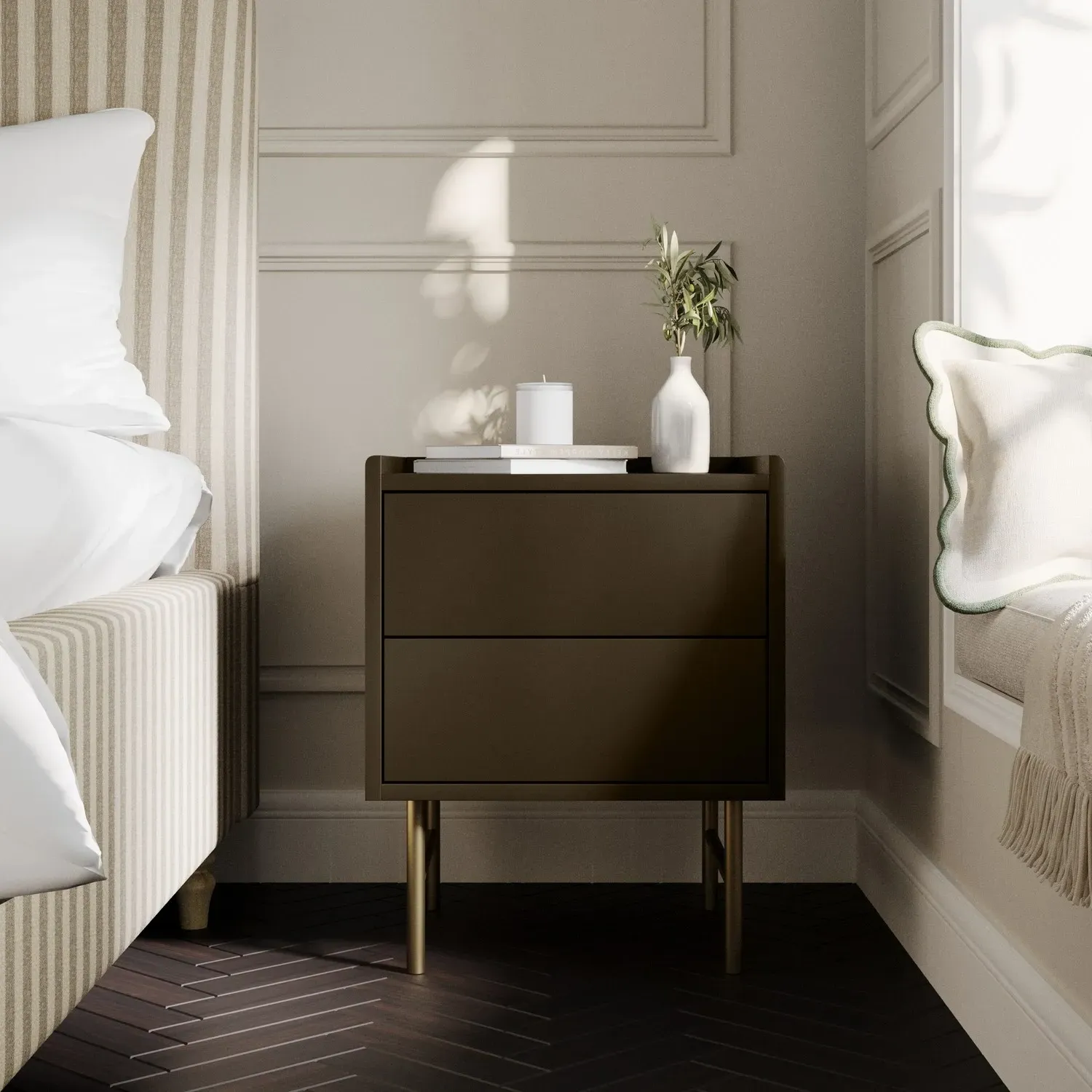 Zane 2 Drawer Bedside Table with Storage - Khaki Green, MDF product