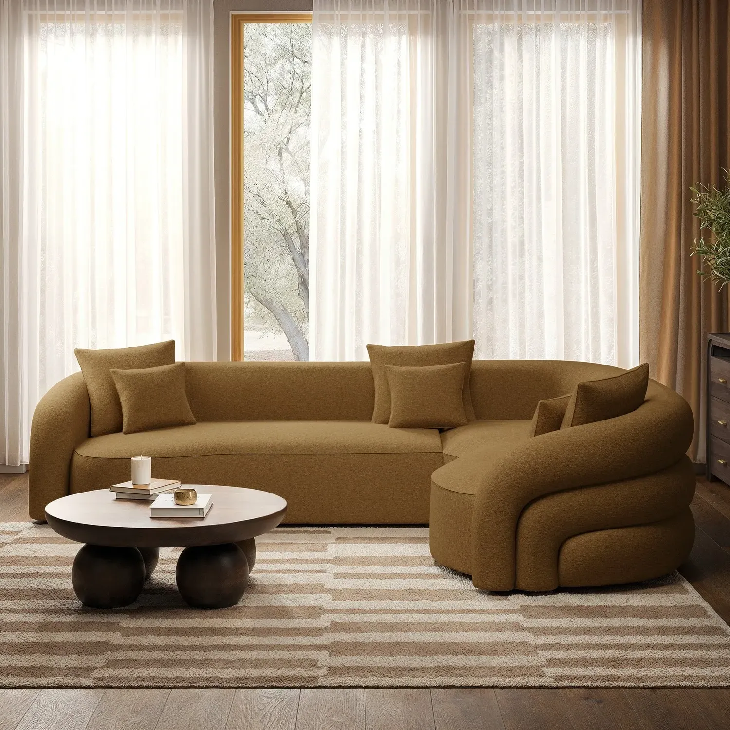 4-Seater Curved Corner Sofa Left Hand Facing - Caramel Brown, Chenille alternate view