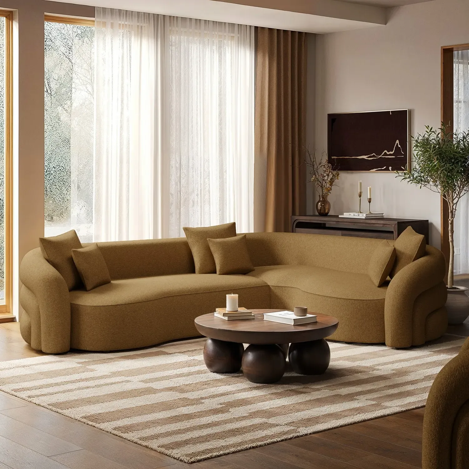 4-Seater Curved Corner Sofa Left Hand Facing - Caramel Brown, Chenille product