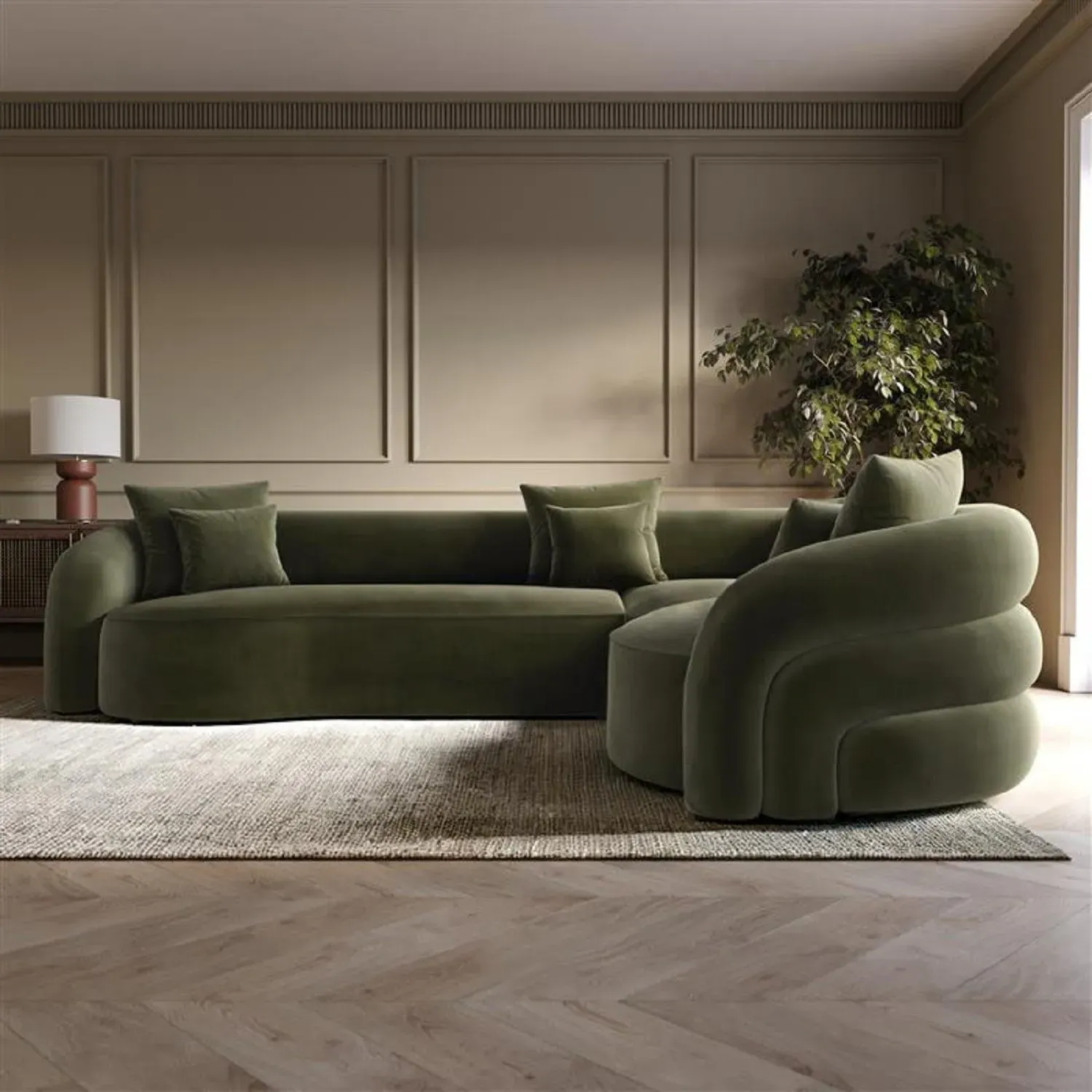4 Seater Curved Corner Sofa Left Hand Facing - Green, Velvet alternate view