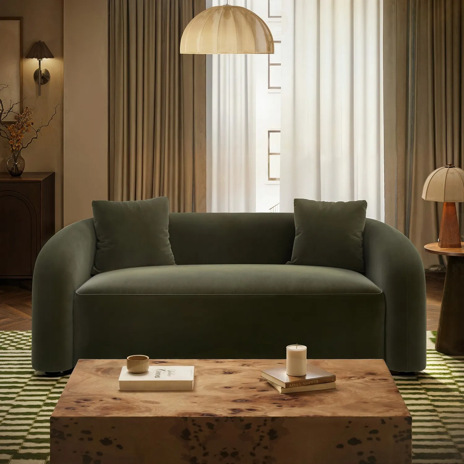 Curved 3-Seater Sofa - Green, Velvet alternate view