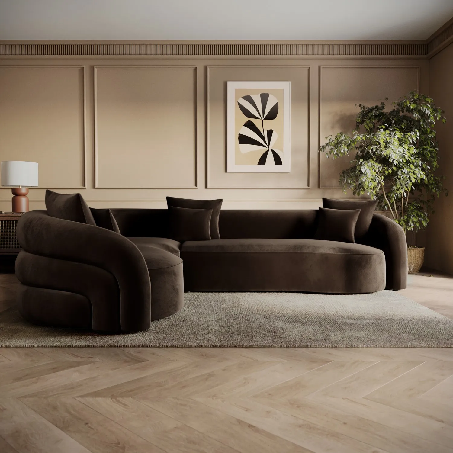 Zuri Left Hand Facing 4-Seater Curved Corner Sofa - Brown, Velvet alternate view