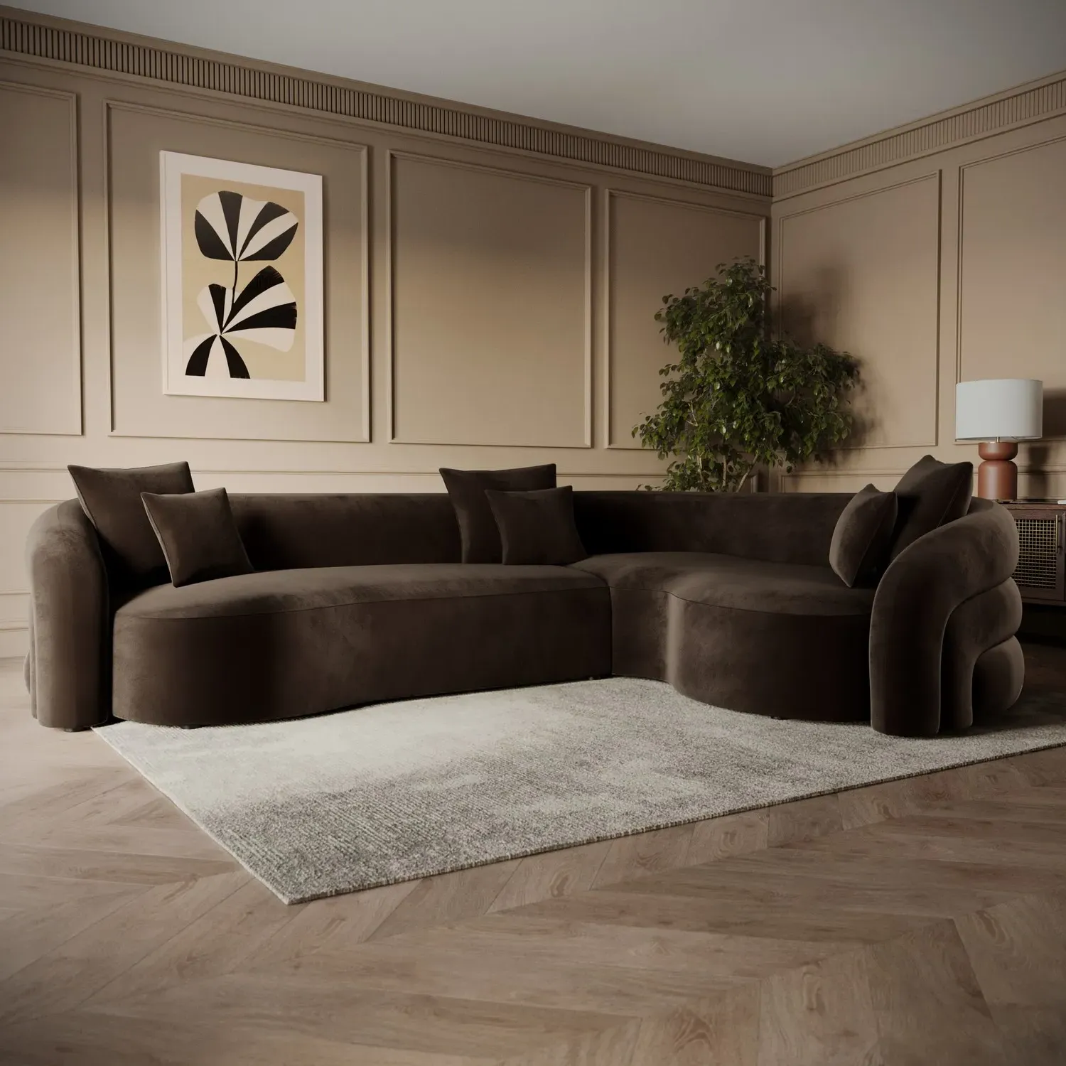 Zuri Left Hand Facing 4-Seater Curved Corner Sofa - Brown, Velvet product