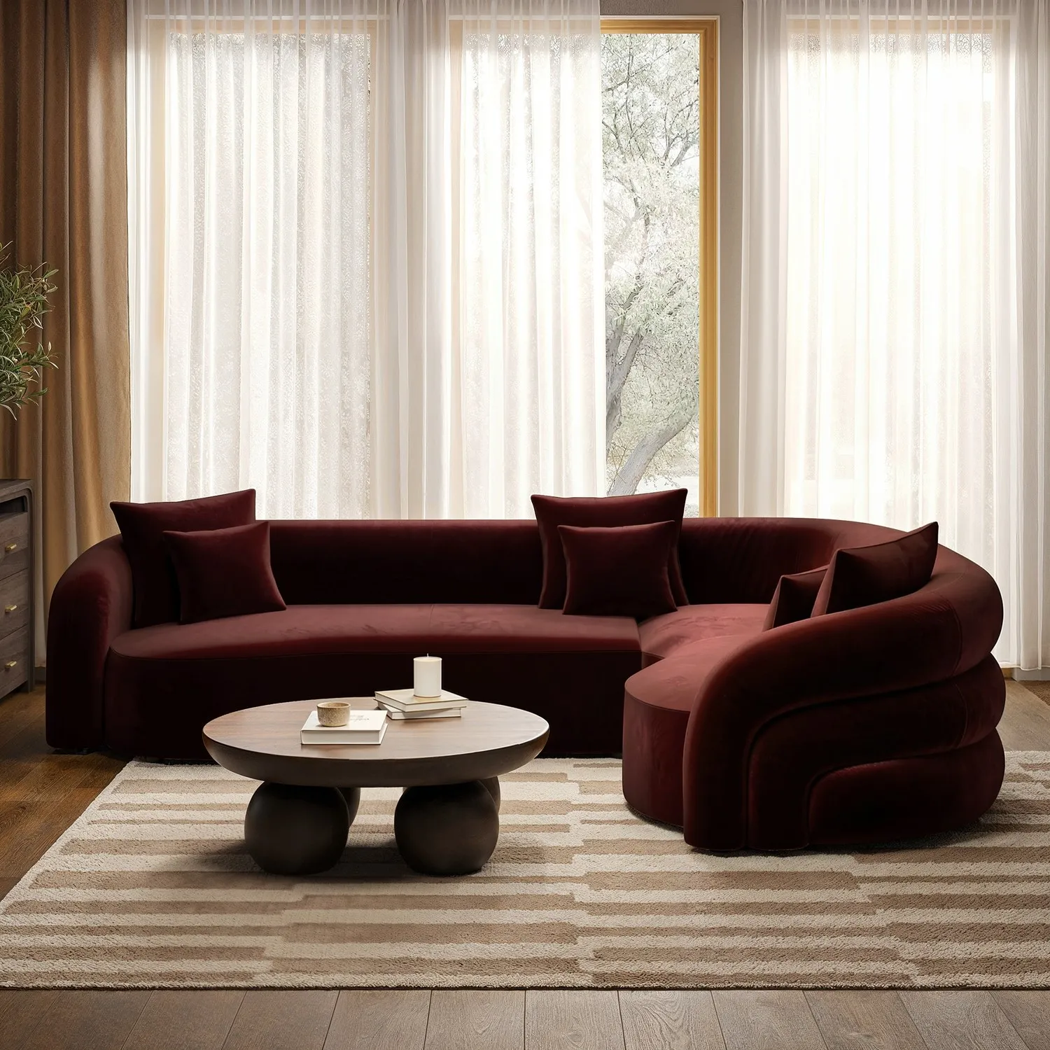 Zuri Right Hand Facing 4-Seater Curved Corner Sofa - Deep Red, Velvet alternate view