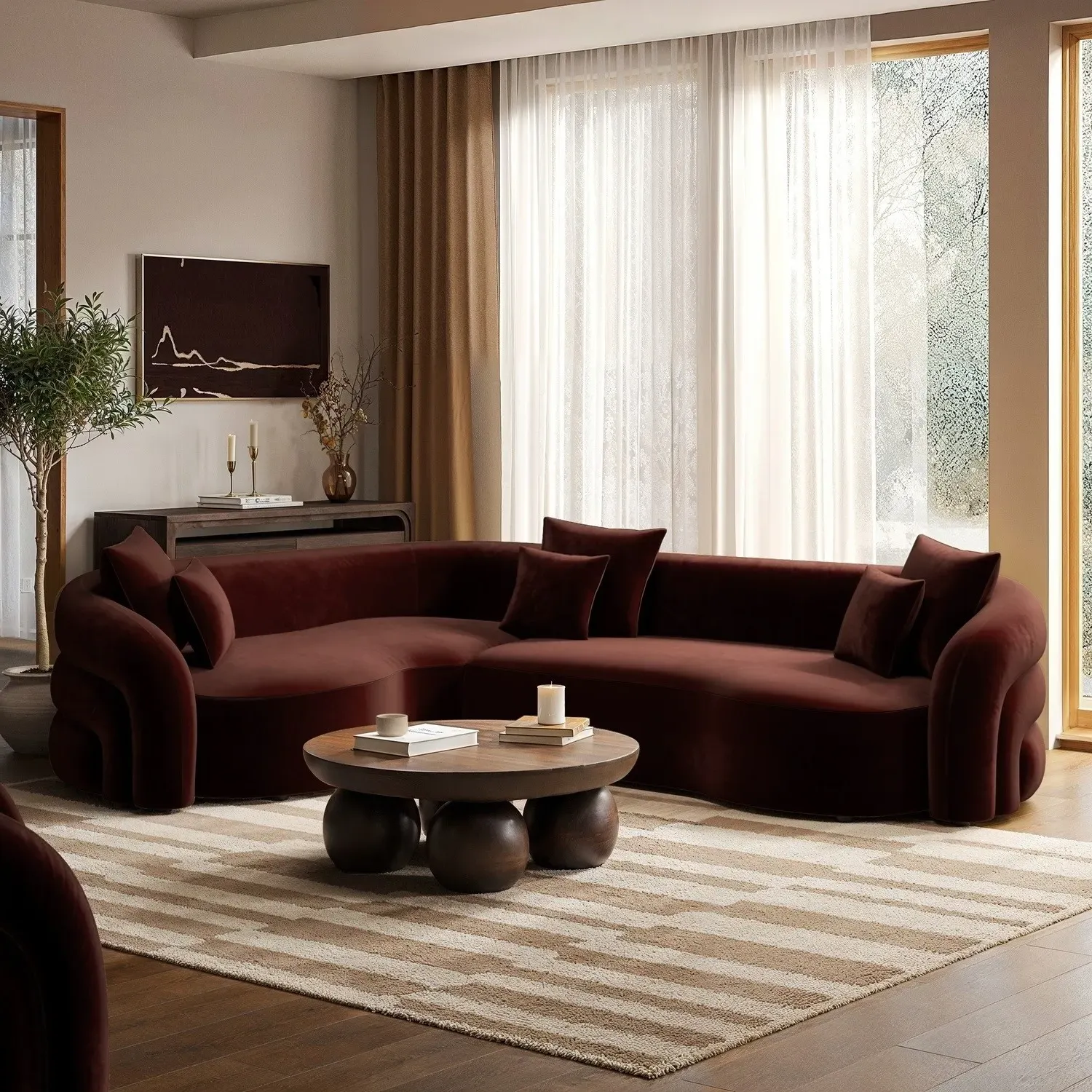 Zuri Right Hand Facing 4-Seater Curved Corner Sofa - Deep Red, Velvet product