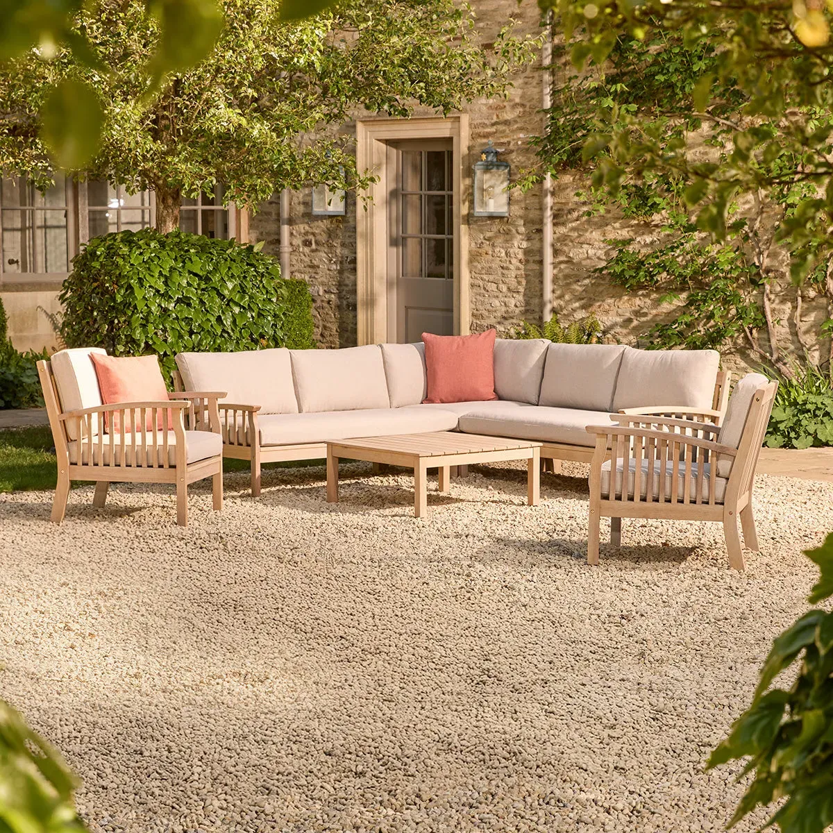 7-Seater Corner Set with Armchairs - Natural Wood