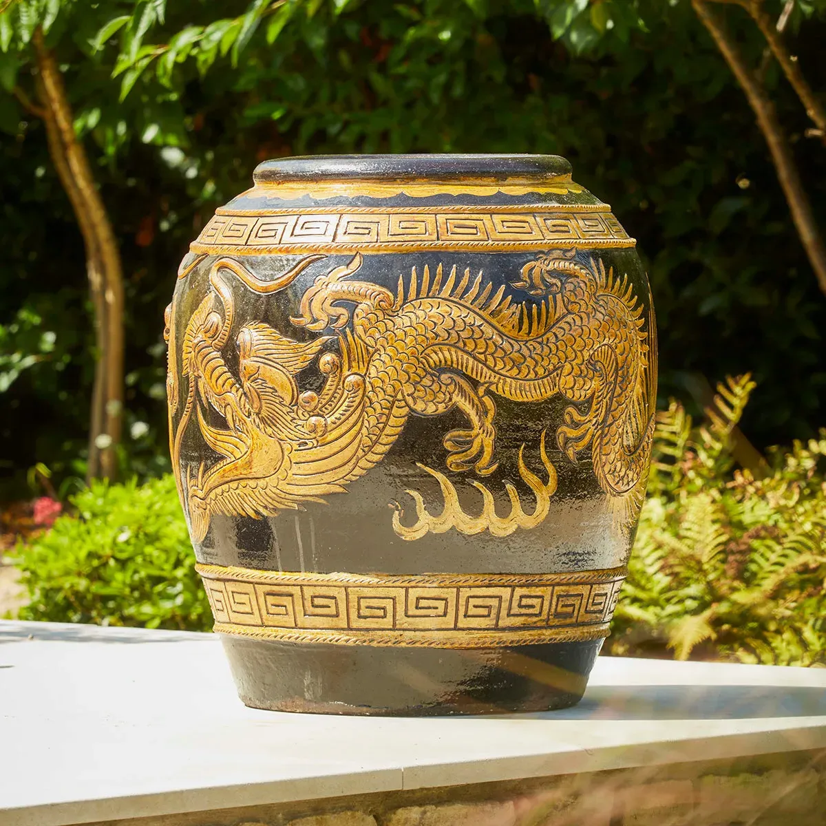 Dragon Motif Plant Pot - Dark Glaze, Ceramic image