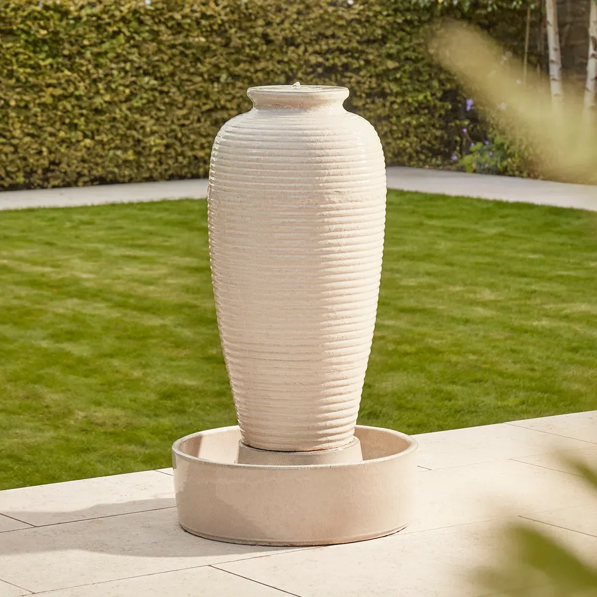 Renee Ripple Tall Urn Water Feature with LED - Cream, Ceramic product