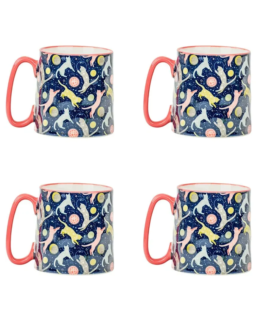 Bella Cats In Space Mug Set of 4 - Blue, Ceramic