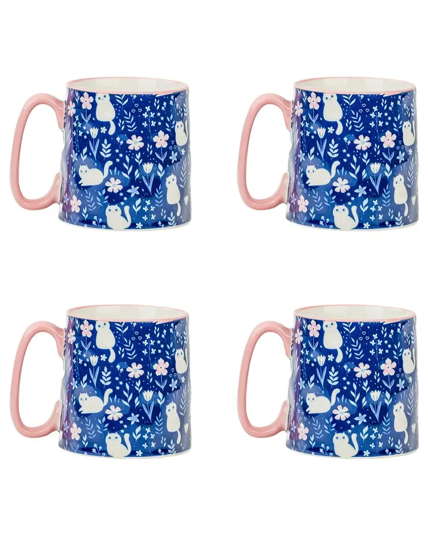 Bella Curious Kitty Mug Set of 4 - Blue, Ceramic