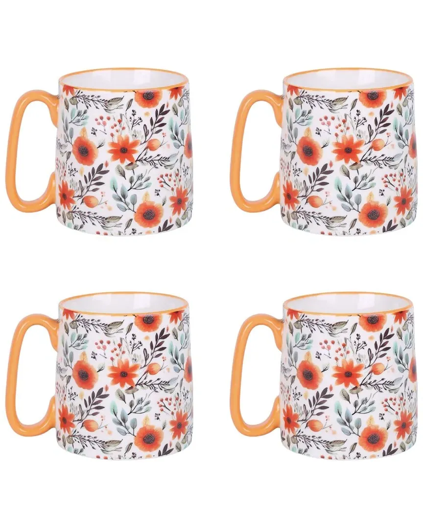 Bella Harvest Floral Mug Set of 4 - White, Ceramic