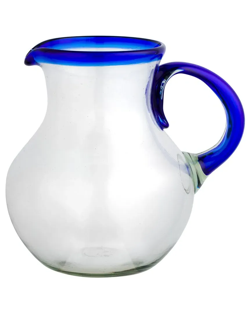 Handblown Mexican Glass Rim Pitcher - Blue, Recycled Glass image