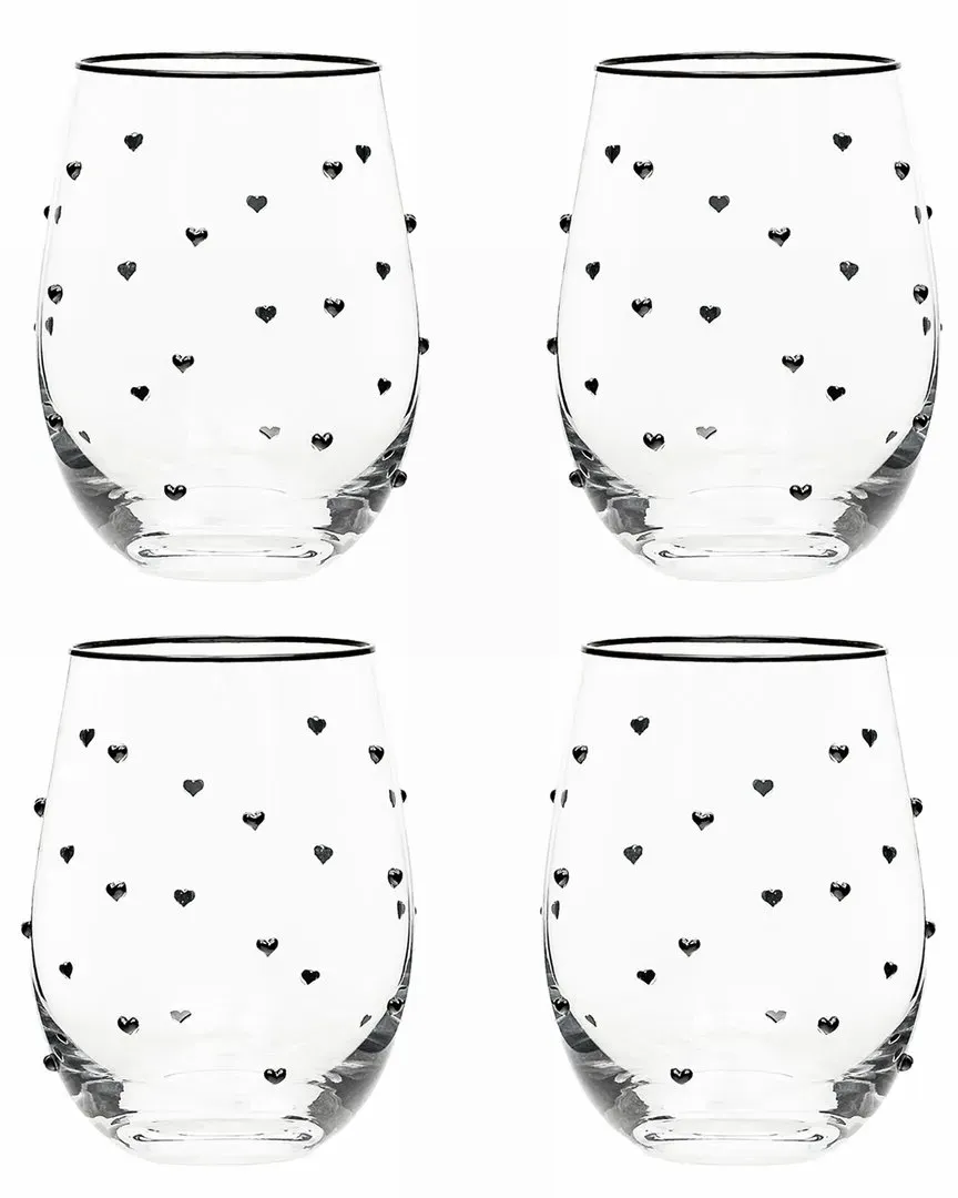 Set of 4 Heart Charm Stemless Wine Glasses - Clear, Glass image