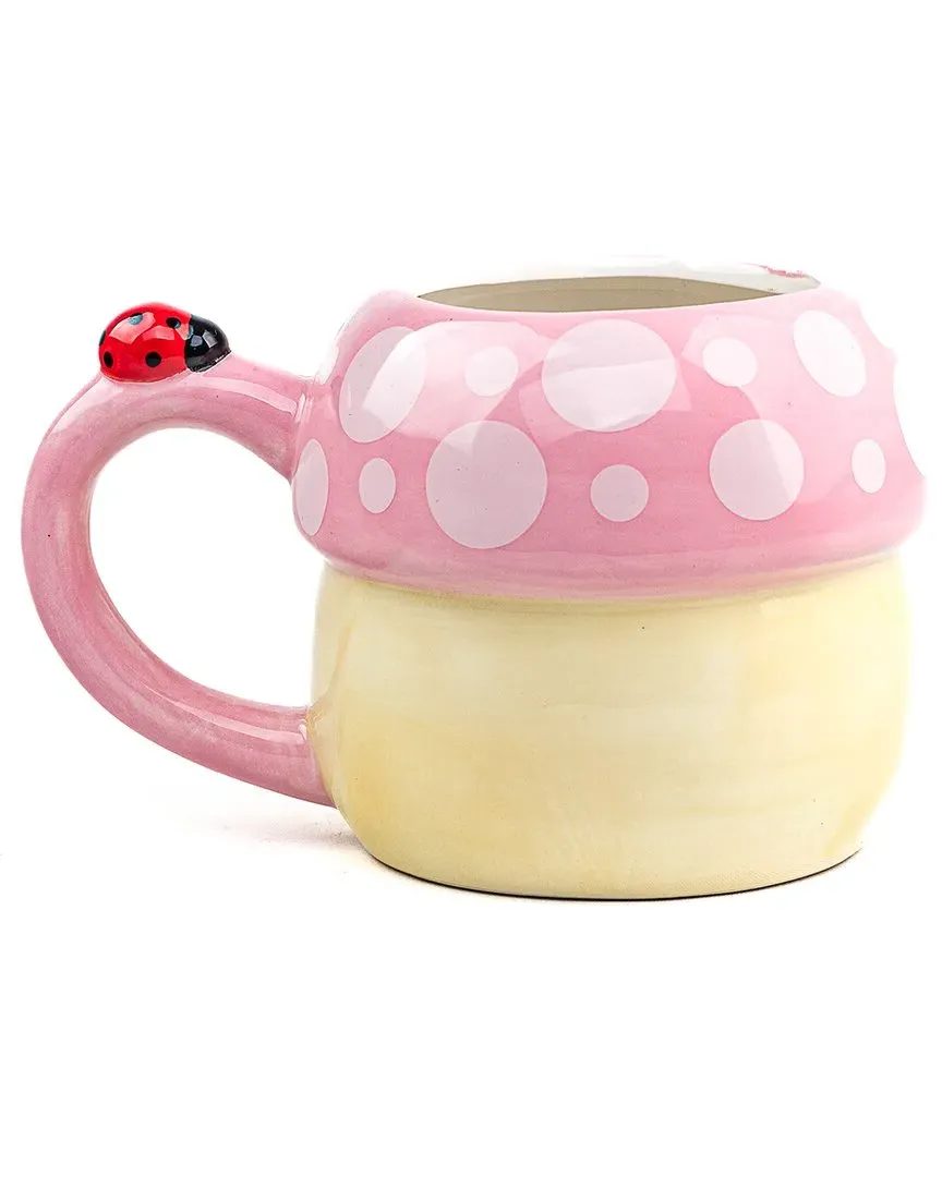 Set of 4 Pink Mushroom with Ladybug Mugs - Pink, Dolomite