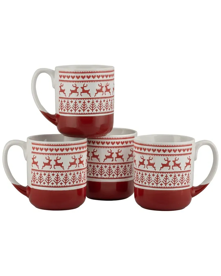 Set of 4 Reindeer Sweater Wax Resist Mugs - Red, Ceramic