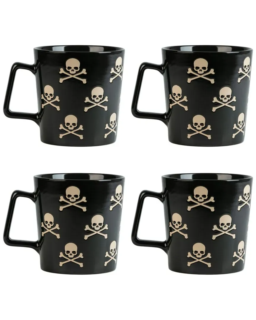 Set of 4 Skull & Crossbones Wax Resist Mugs - Black, Ceramic image