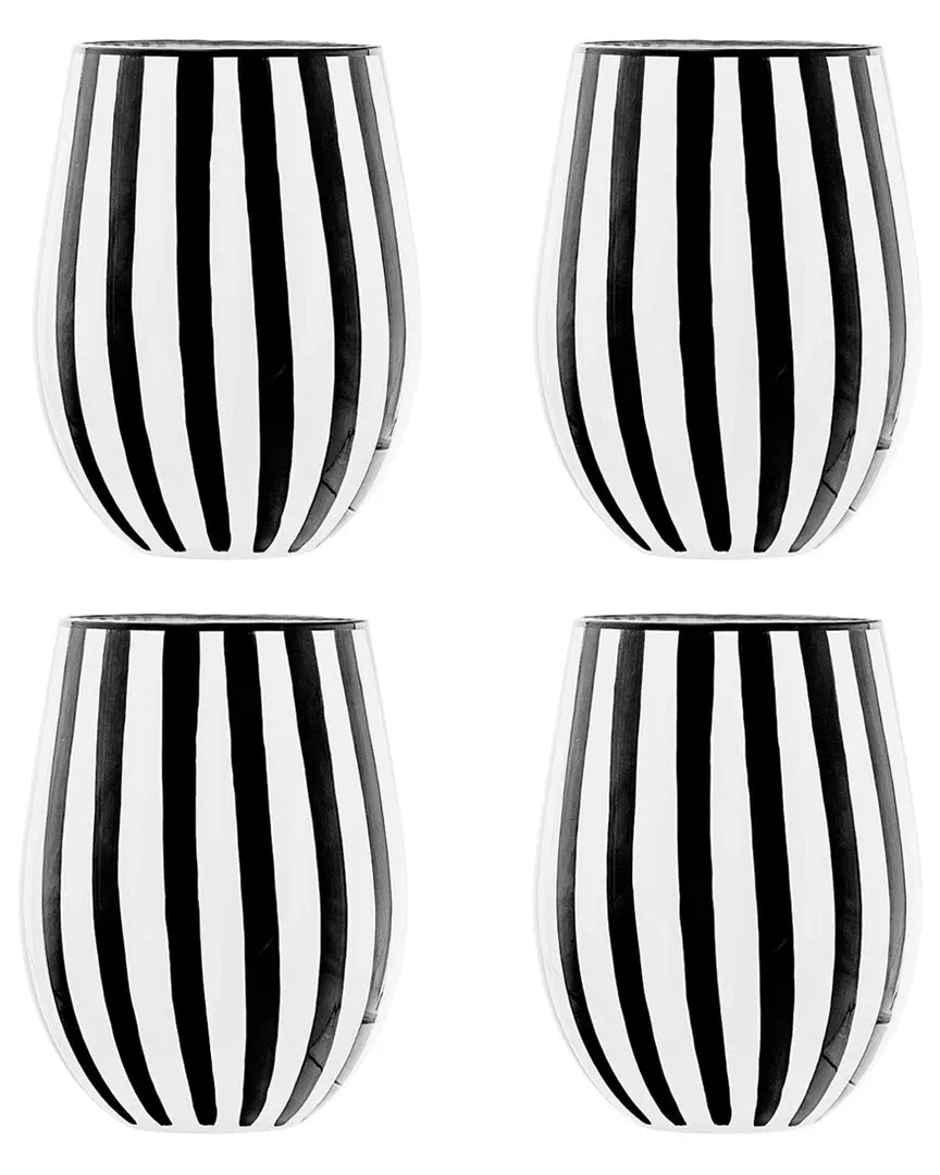 Set of 4 Stemless Wine Glasses - Black & White Stripe, Glass image