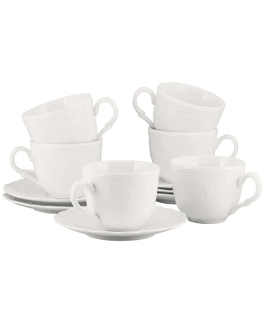Valentina Set of 6 Cups & Saucers - White, Porcelain