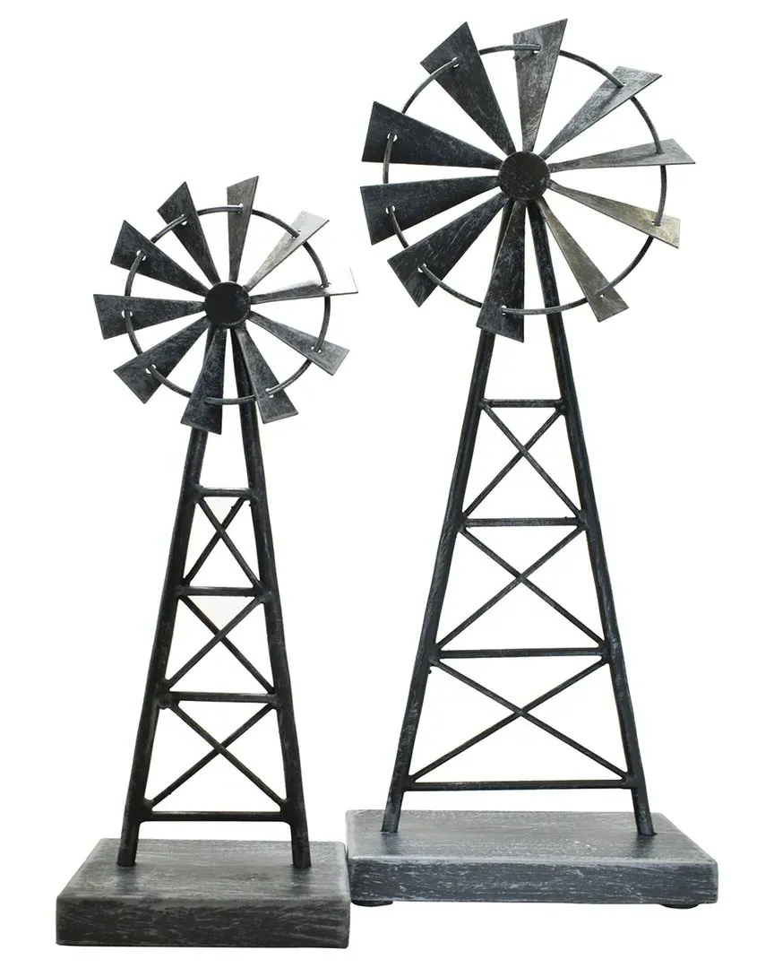 Set of 2 Metal Windmill Sculptures - Pewter image