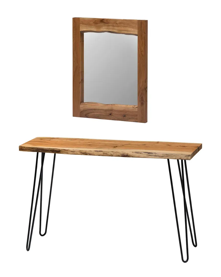 Hairpin Media Console & 24in Mirror Set - Natural, Acacia Wood