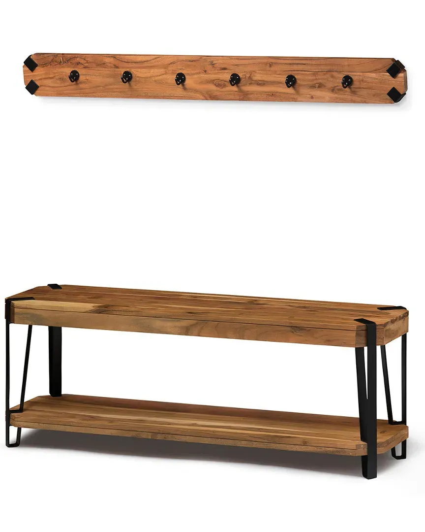 Ryegate Live Edge Bench with Coat Hook Set - Natural, Acacia Wood