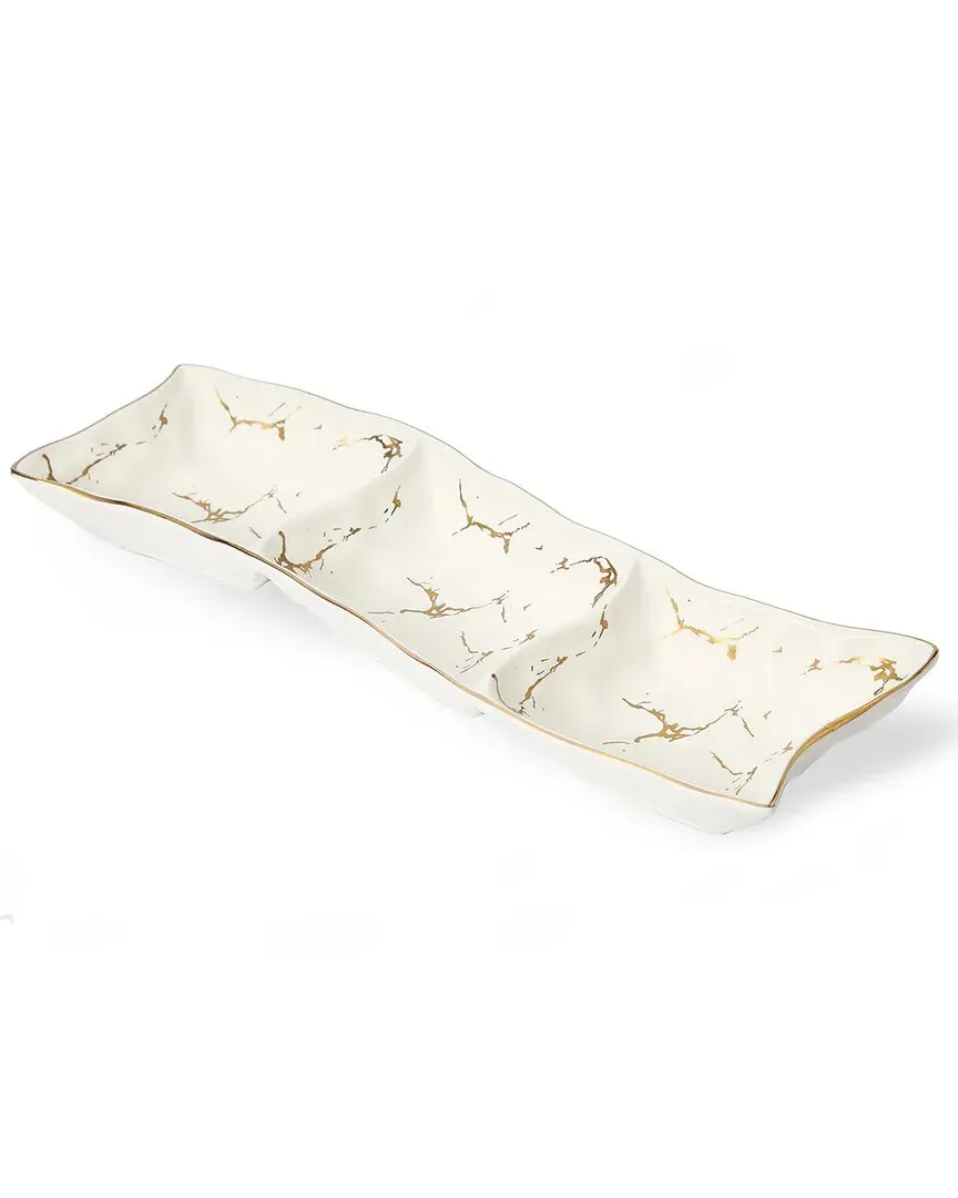 11.25in Porcelain Relish Dish with Gold Design - White image