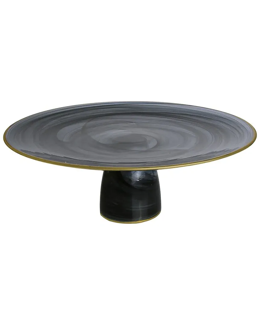 13in Cake Plate with Stem - Black Alabaster, Gold Trim image