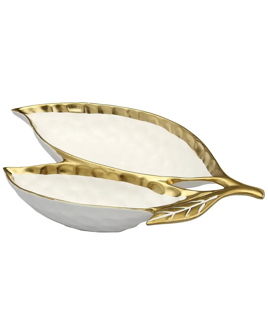 15in Leaf Relish Dish with Gold Rim - White, Porcelain image