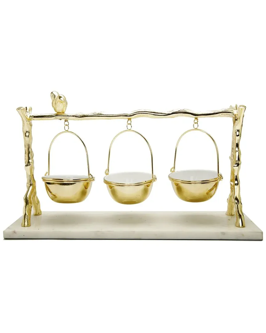 3 Hanging Bowls On Gold Branch And Marble Base