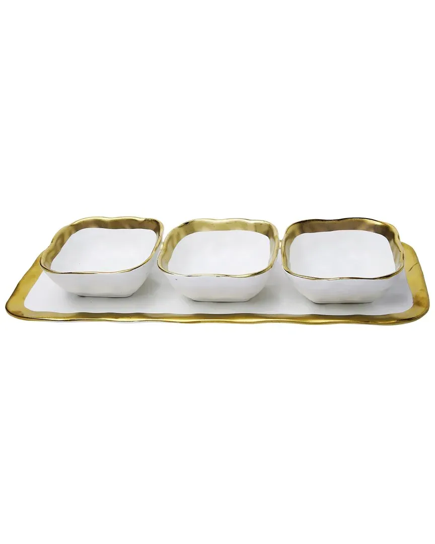 Gold White Porcelain 3-Bowl Relish Tray Set - White