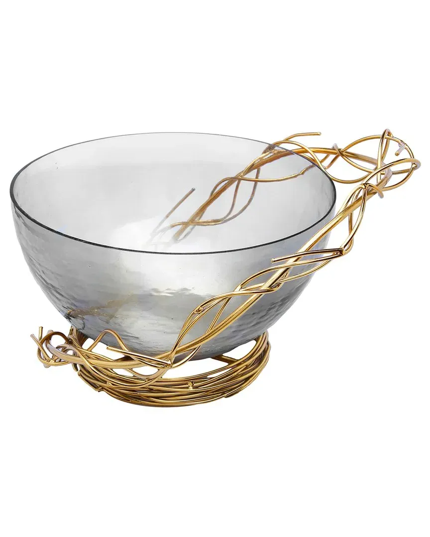 Smoked Glass Salad Bowl with Gold Twig Design