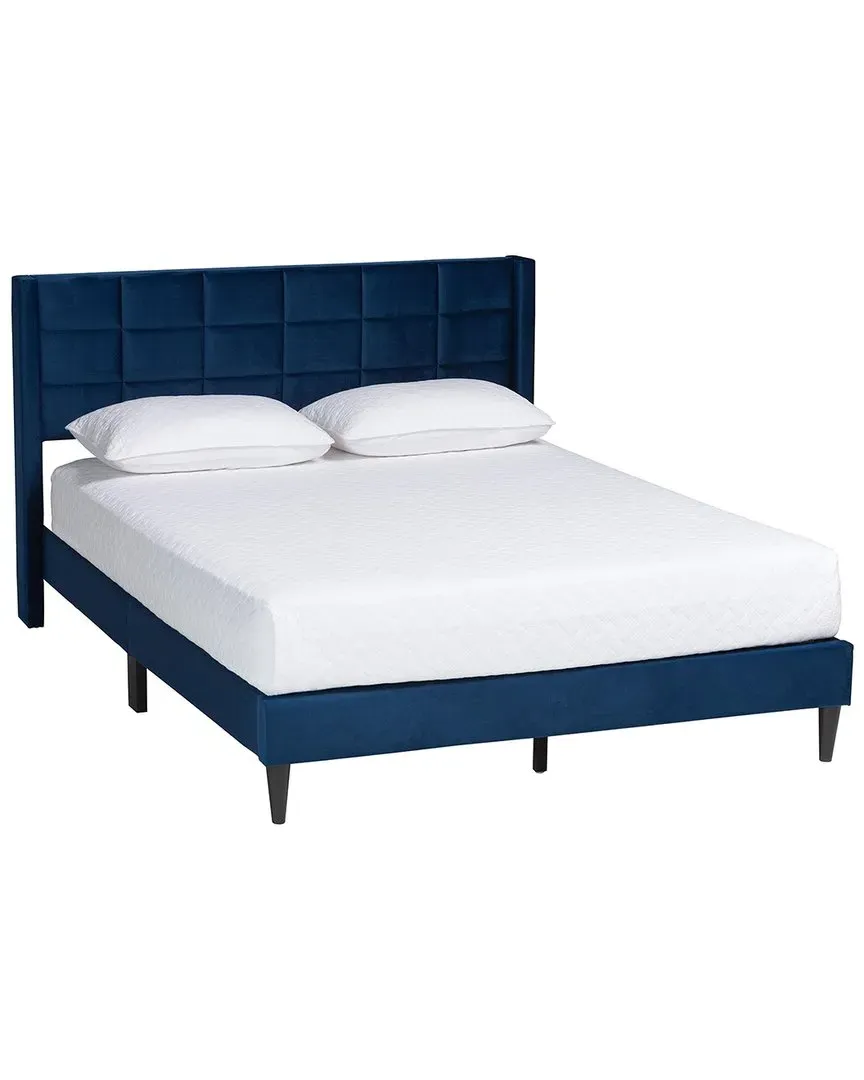 Payne Queen Size Platform Bed with Wingback Headboard - Navy Blue, Velvet