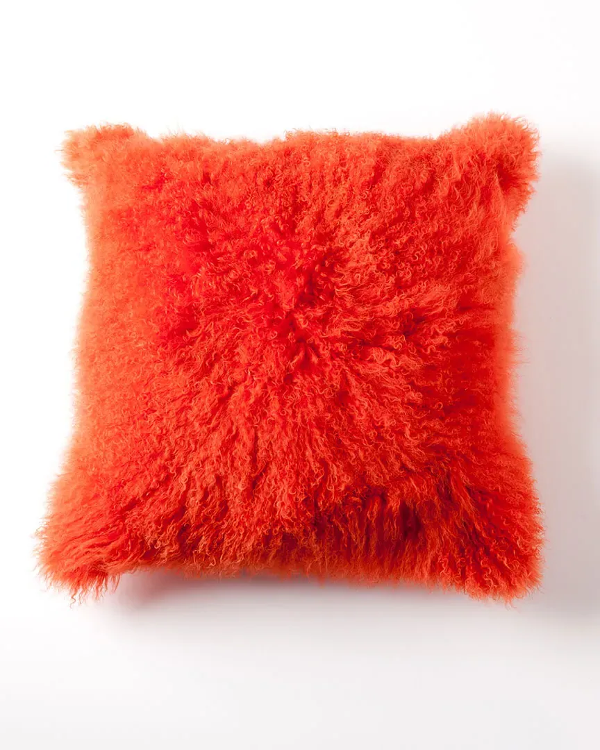Mongolian Decorative Pillow - Tangerine, Lamb Fur