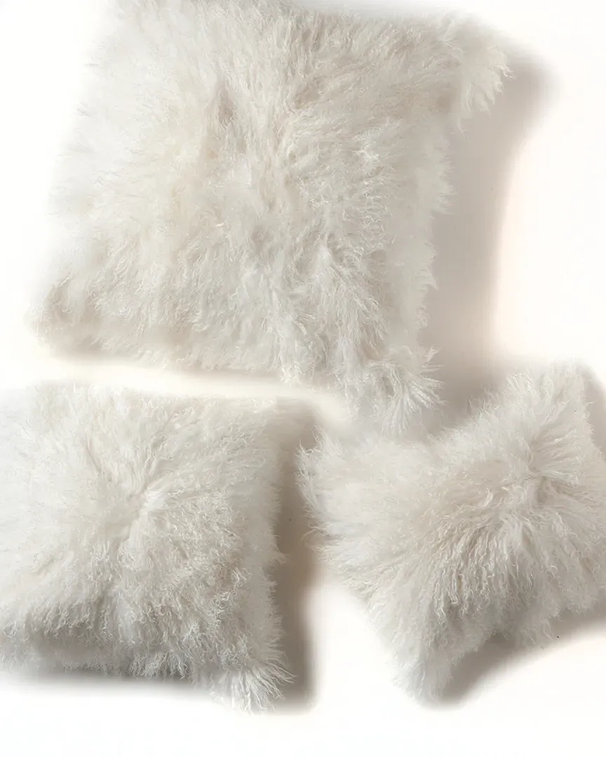 Mongolian Decorative Pillow - White, Lamb Fur