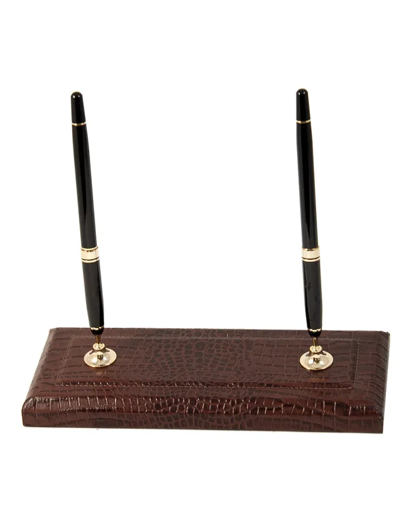 Bey-Berk Double Pen Stand - Brown, Croco Leather image
