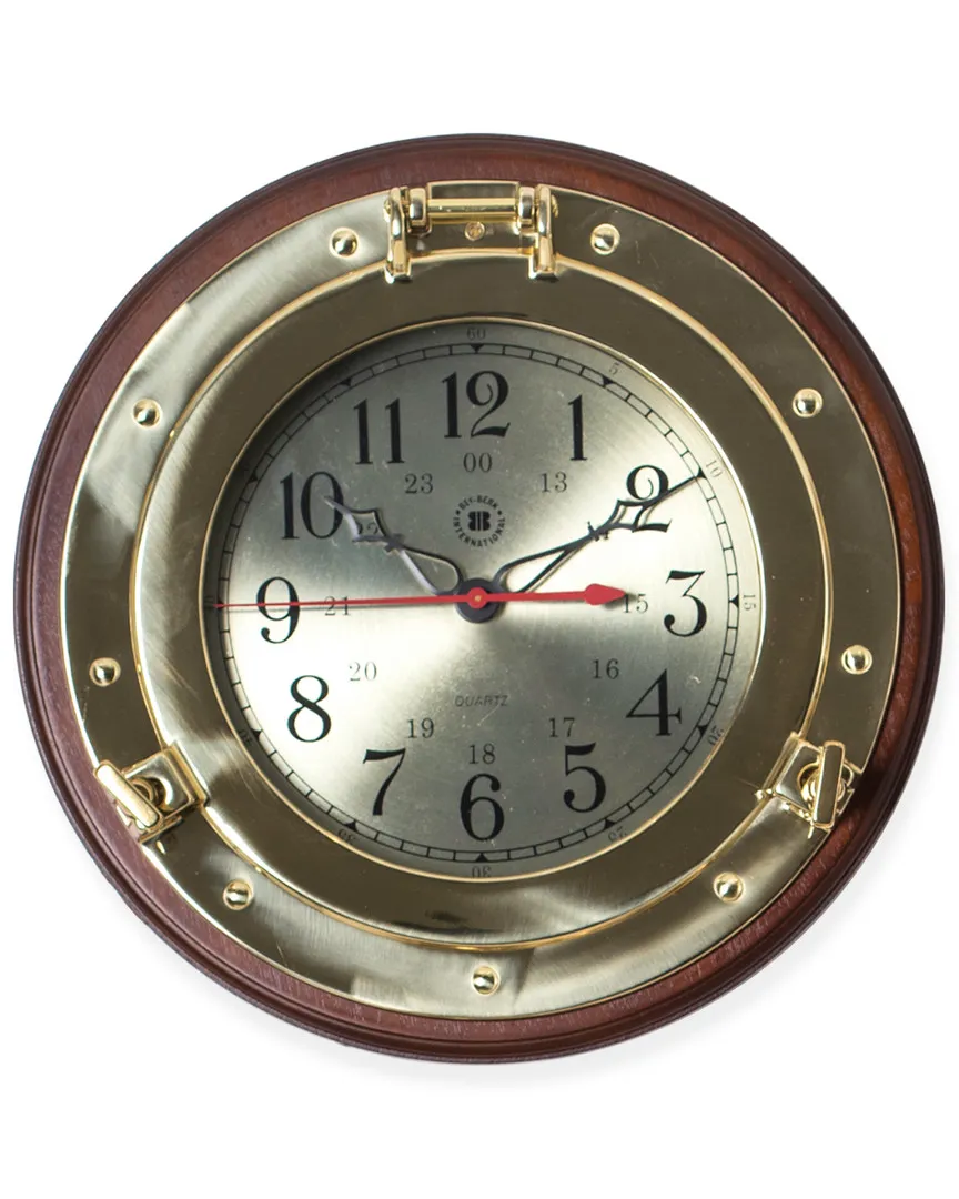 Brass Porthole Quartz Clock - Dark Cherry Wood, Gold image