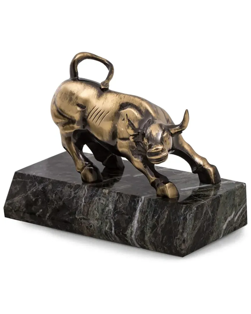Bull Sculpture on Green Marble Base - Antique Brass image