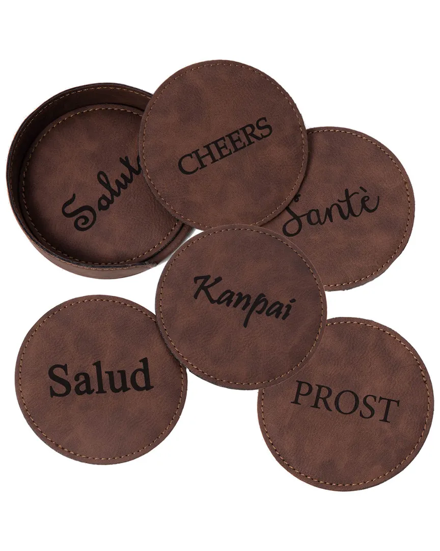 Cheers 6-Piece Coaster Set with Holder - Brown, Leather image