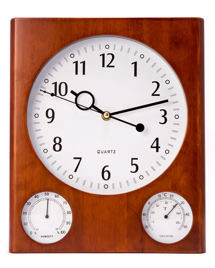 Cherry Wood Wall Clock with Thermometer & Hygrometer - Brown image