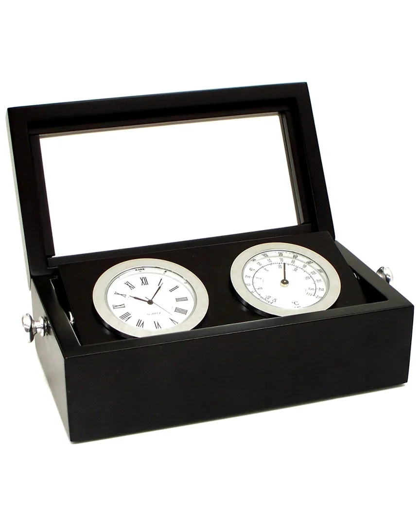 Chrome Clock & Thermometer in Hinged Box - Black image
