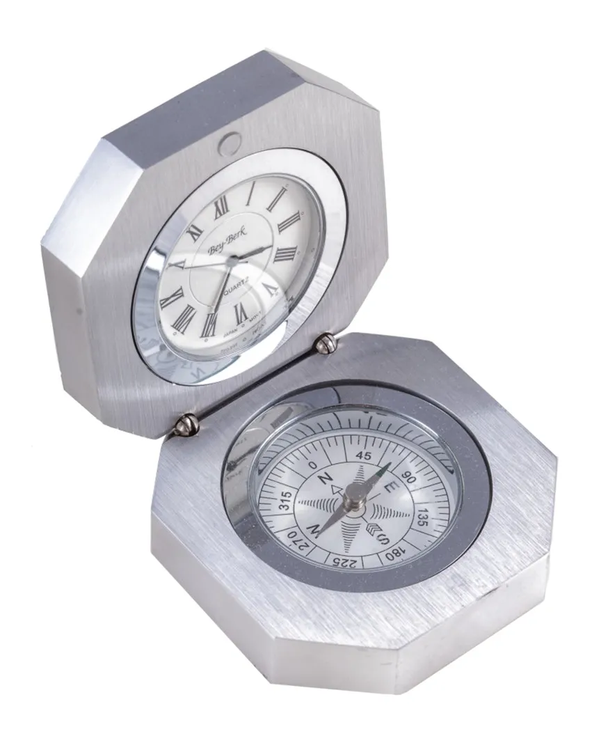 Compass & Clock in Hinged Case - Silver